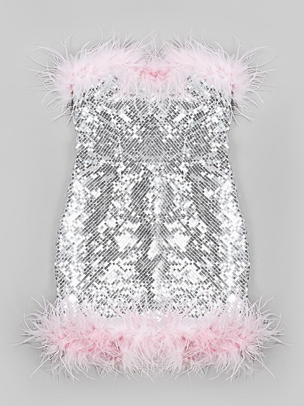 Strapless All Over Sequin Feather Trim Neckline and Hem Mini Dress