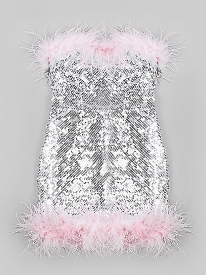Strapless All Over Sequin Feather Trim Neckline and Hem Mini Dress