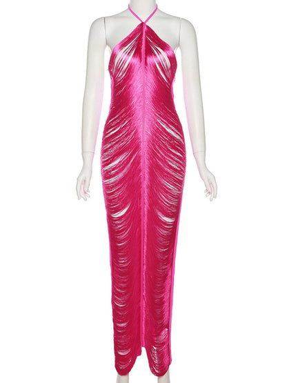 Halter Spaghetti Strap Side Cutout Horizontal Tassel Fringe Midi Dress