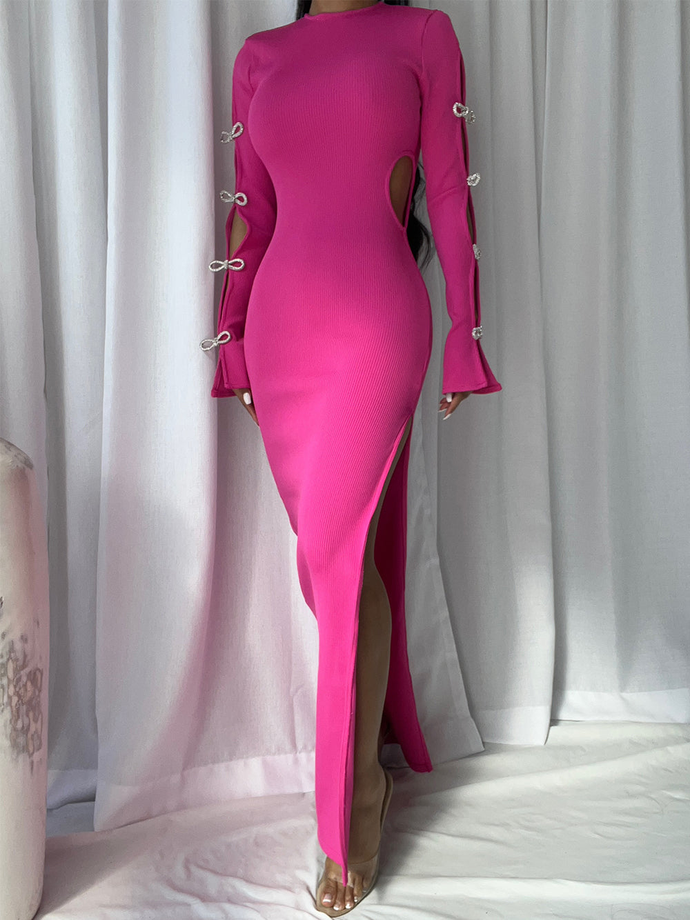 Crew Neck Long Sleeve Cutout Rhinestone Bow Rib Knit High Slit Maxi Dress