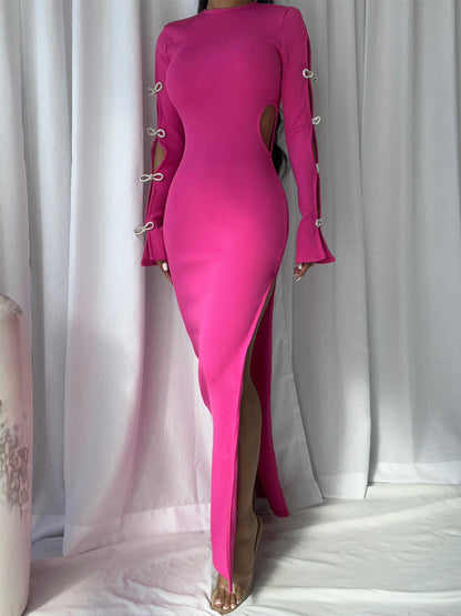 Crew Neck Long Sleeve Cutout Rhinestone Bow Rib Knit High Slit Maxi Dress