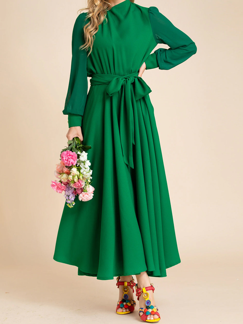Mock Neck Draped Shoulder Bishop Sleeve Tie Waist Maxi Dress