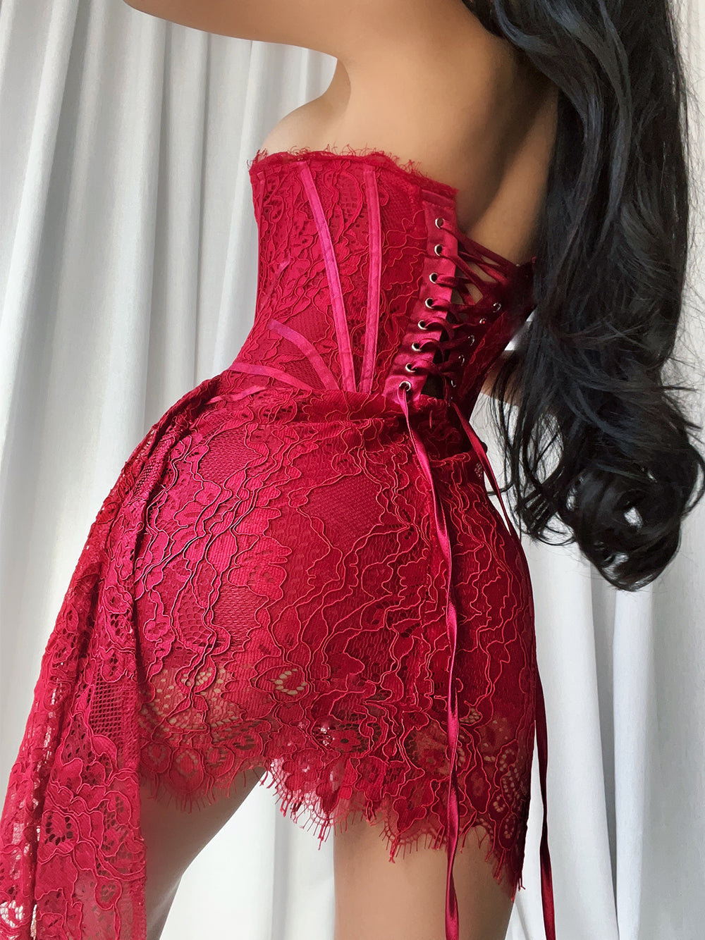 Strapless Boning Channel Lace Applique Asymmetric Hem Mini Dress