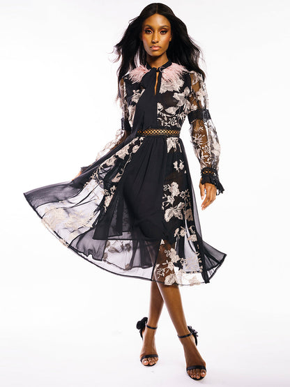 Feather Trim Neck Tie Long Sleeve Floral Embroidery Mesh Lattice Waist Midi Dress