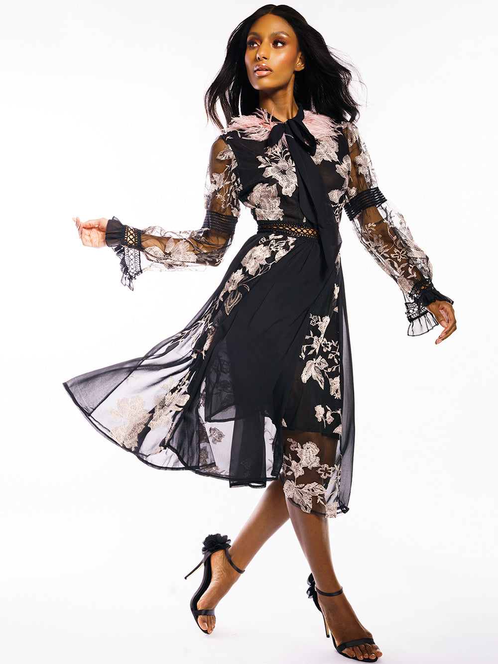 Feather Trim Neck Tie Long Sleeve Floral Embroidery Mesh Lattice Waist Midi Dress