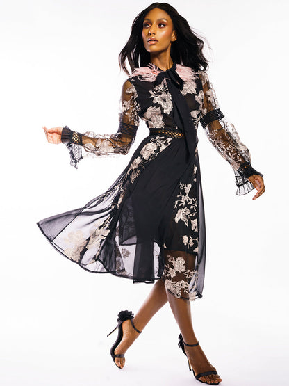 Feather Trim Neck Tie Long Sleeve Floral Embroidery Mesh Lattice Waist Midi Dress