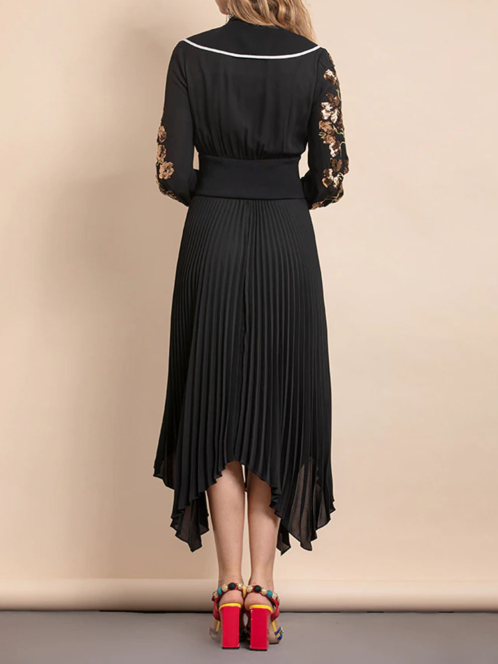 Mandarin Collar Contrast Piping Embroidered Bishop Sleeve Handkerchief Hem Midi Dress