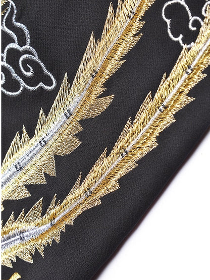 Mandarin Collar Epaulette Double Breasted Phoenix Embroidery Asymmetrical Hem Dress