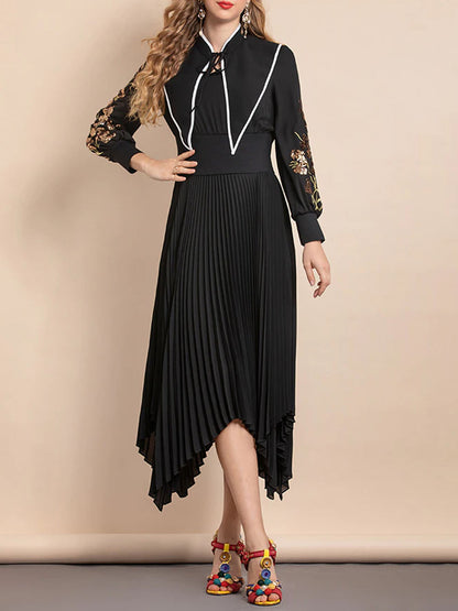 Mandarin Collar Contrast Piping Embroidered Bishop Sleeve Handkerchief Hem Midi Dress