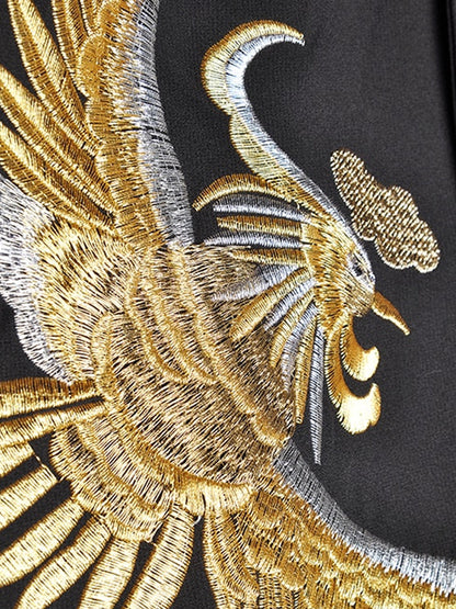 Mandarin Collar Epaulette Double Breasted Phoenix Embroidery Asymmetrical Hem Dress