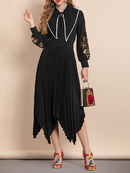 Mandarin Collar Contrast Piping Embroidered Bishop Sleeve Handkerchief Hem Midi Dress