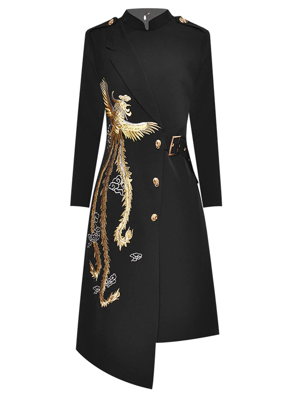 Mandarin Collar Epaulette Double Breasted Phoenix Embroidery Asymmetrical Hem Dress