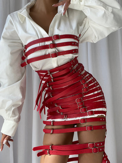 Stacked Buckle Strap Harness Mini Skirt Dress