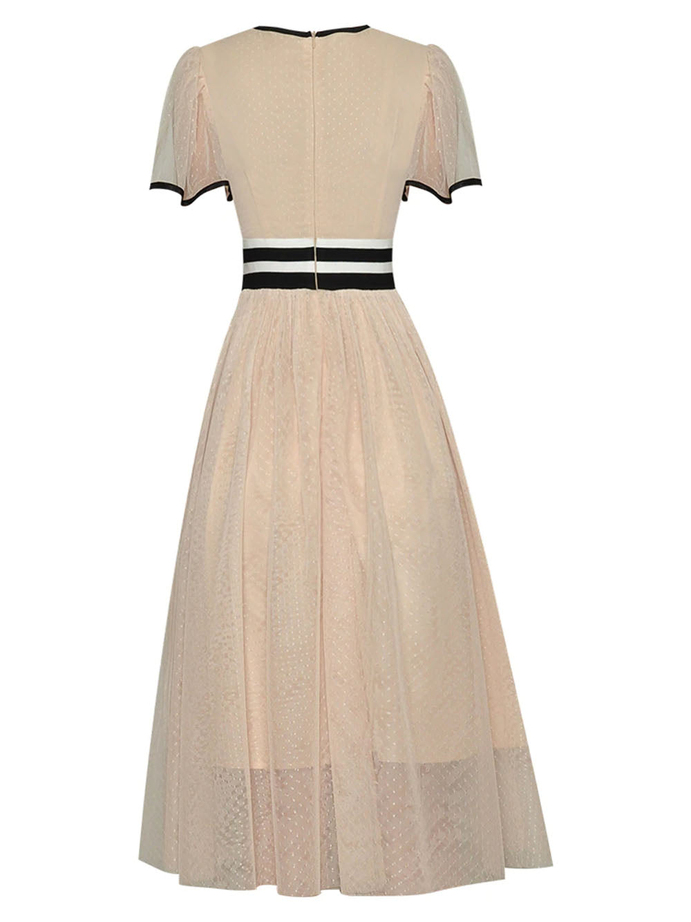 Round Neck Flutter Sleeve Stripe Waistband Floral Tulle Midi Dress