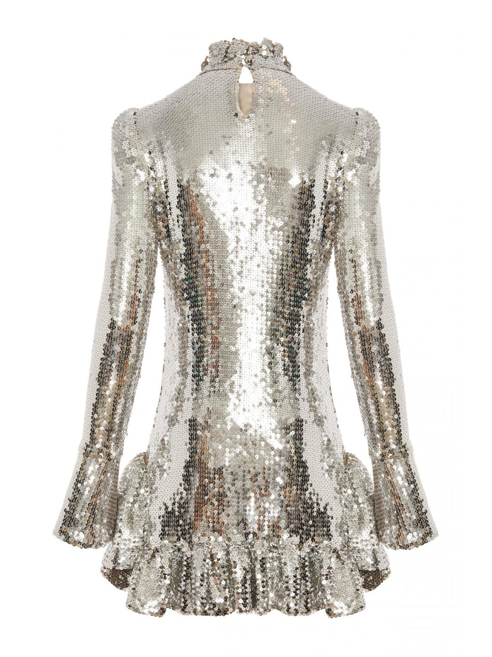 Mock Neck Puff Shoulder Sequin Ruffle Hem Flounce Mini Dress