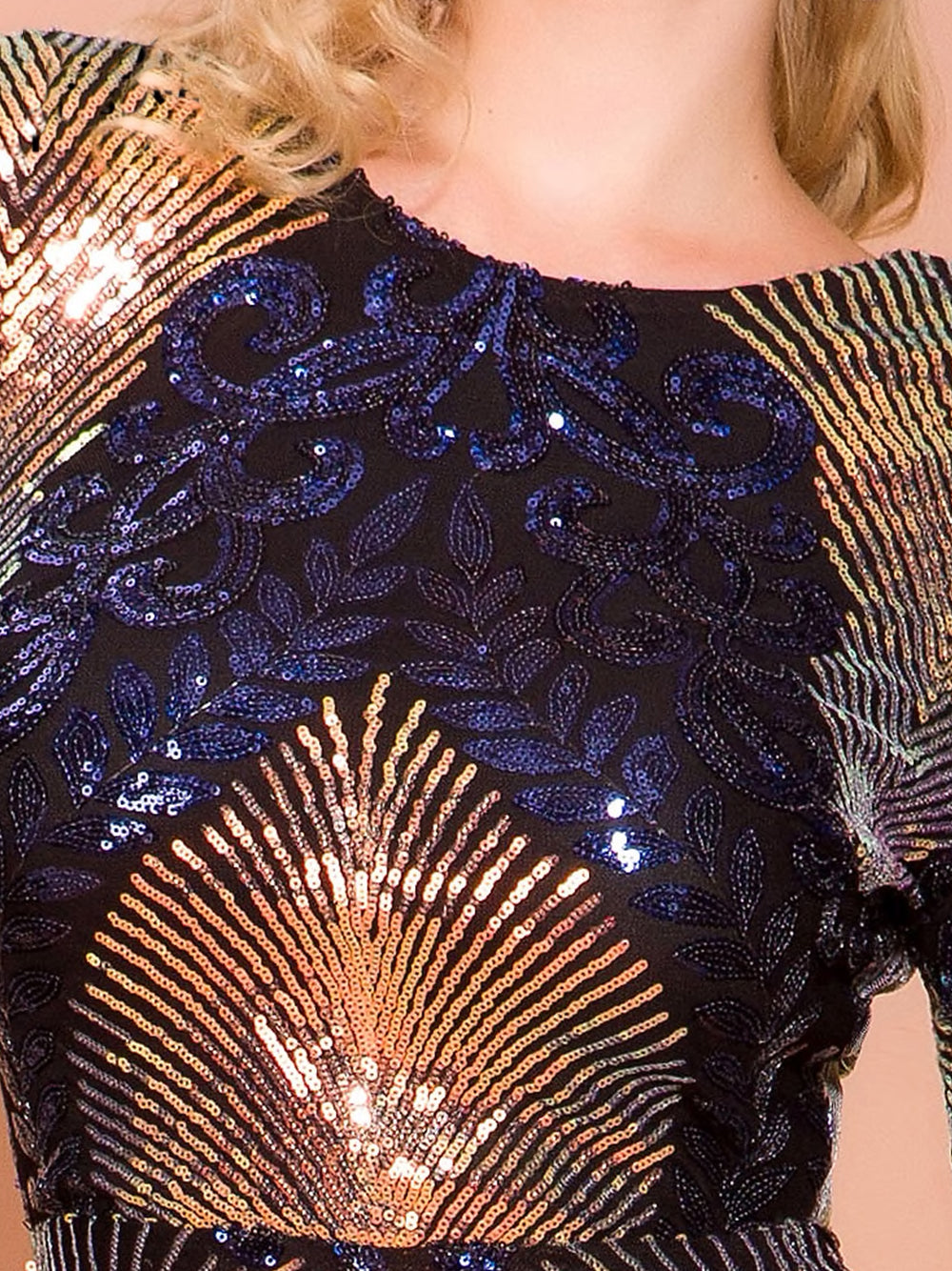 Crew Neck Long Sleeve Iridescent Sequin Fan Motif Bodycon Maxi Dress