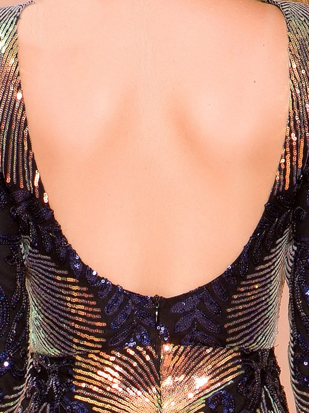 Crew Neck Long Sleeve Iridescent Sequin Fan Motif Bodycon Maxi Dress