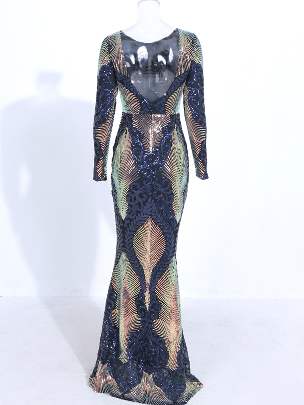 Crew Neck Long Sleeve Iridescent Sequin Fan Motif Bodycon Maxi Dress