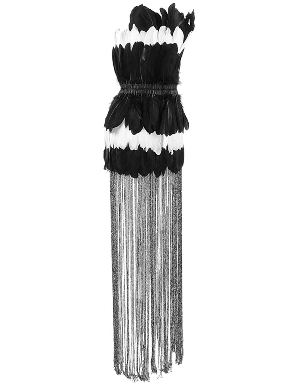 Strapless Layered Feather Mini Skirt Floor Length Fringe Hem Dress