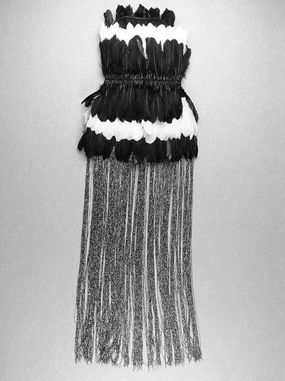 Strapless Layered Feather Mini Skirt Floor Length Fringe Hem Dress