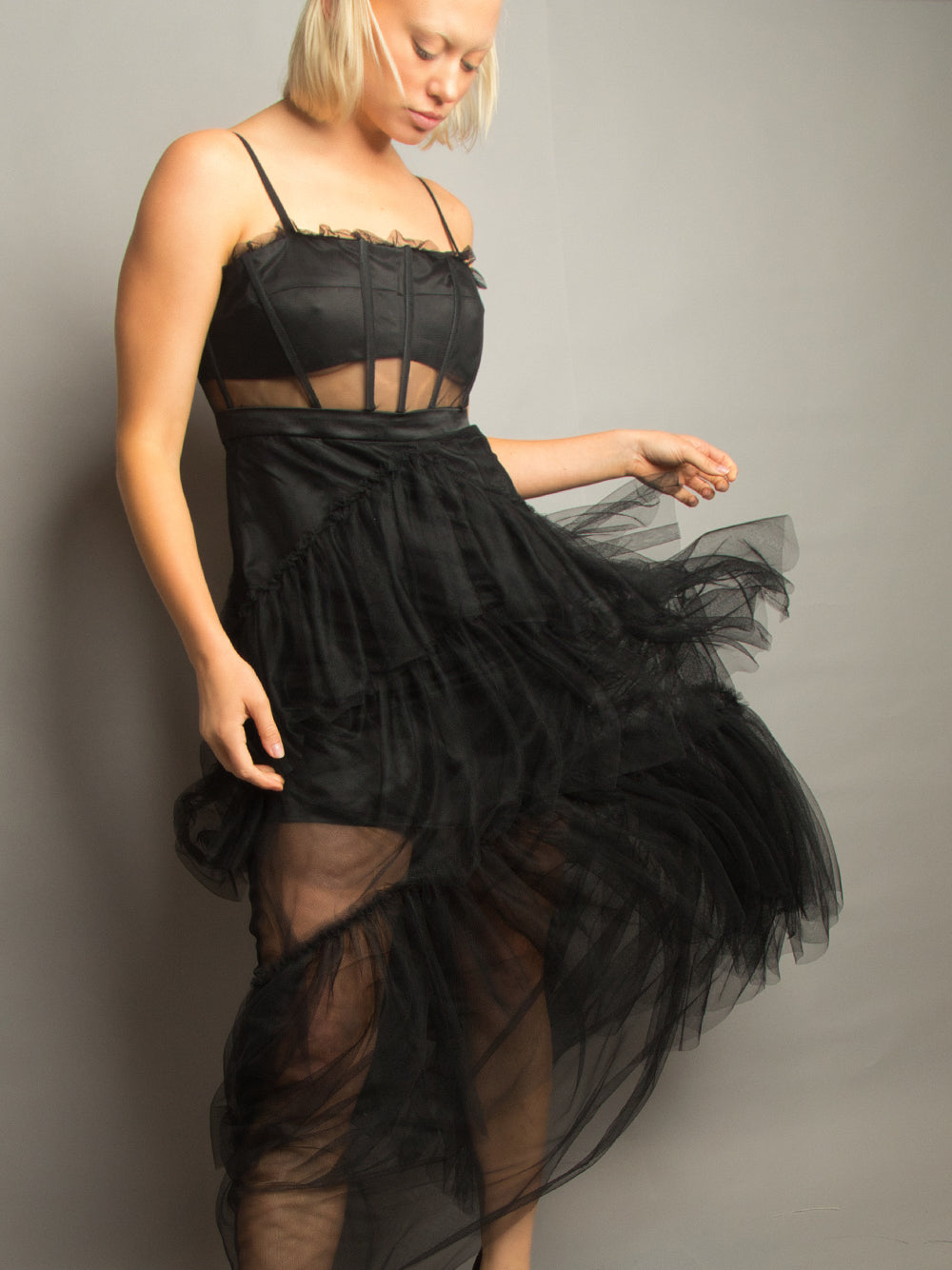 Spaghetti Strap Corset Mesh Panel Chevron Tiered Tulle Maxi Dress