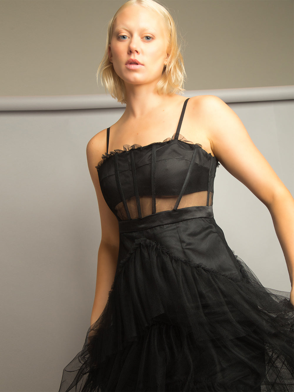 Spaghetti Strap Corset Mesh Panel Chevron Tiered Tulle Maxi Dress
