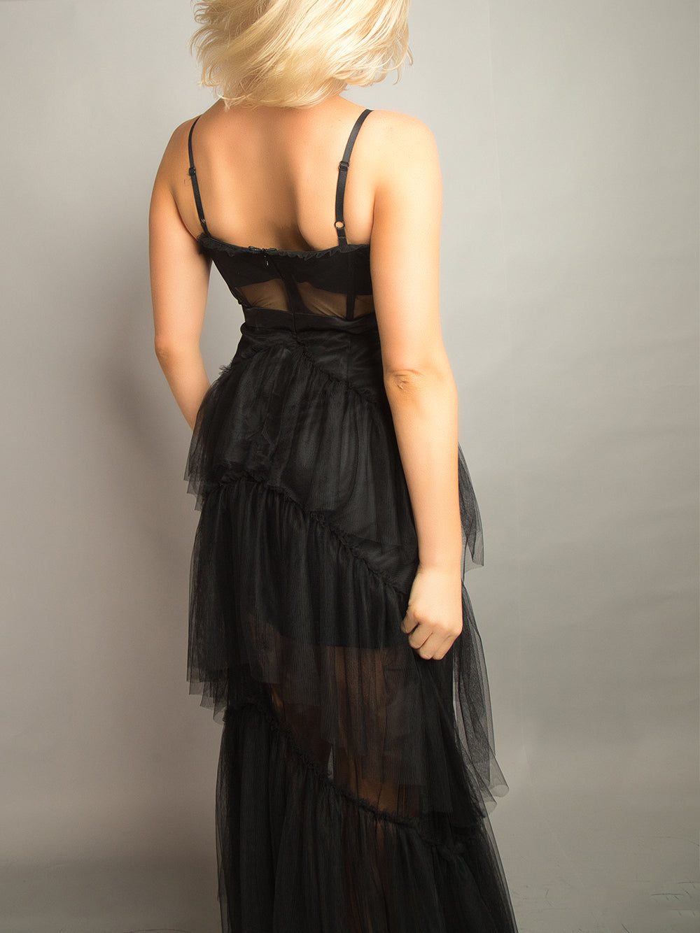 Spaghetti Strap Corset Mesh Panel Chevron Tiered Tulle Maxi Dress