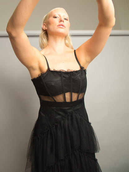 Spaghetti Strap Corset Mesh Panel Chevron Tiered Tulle Maxi Dress