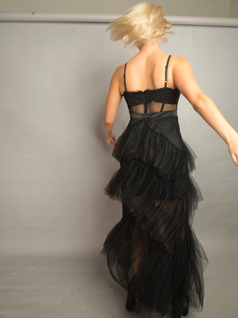 Spaghetti Strap Corset Mesh Panel Chevron Tiered Tulle Maxi Dress