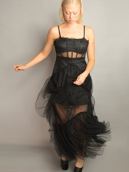 Spaghetti Strap Corset Mesh Panel Chevron Tiered Tulle Maxi Dress