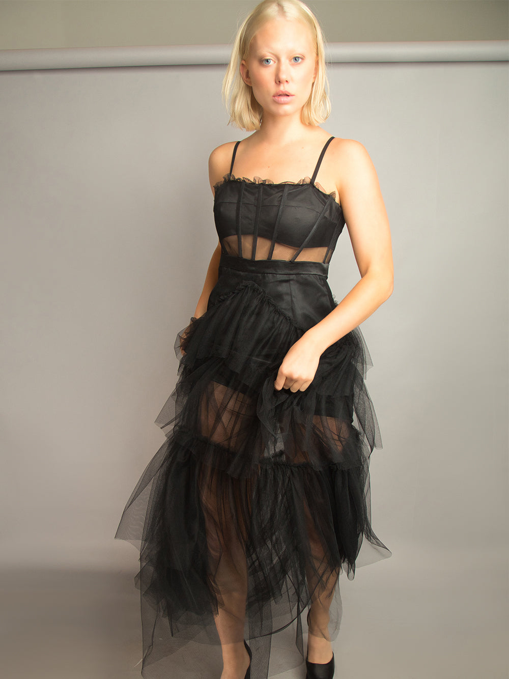 Spaghetti Strap Corset Mesh Panel Chevron Tiered Tulle Maxi Dress