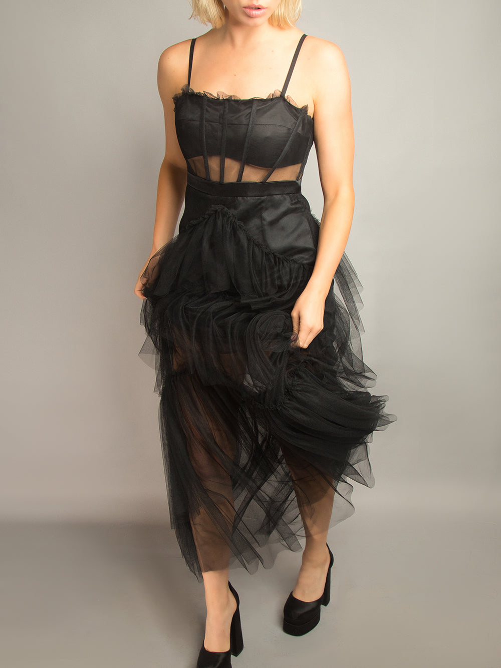 Spaghetti Strap Corset Mesh Panel Chevron Tiered Tulle Maxi Dress