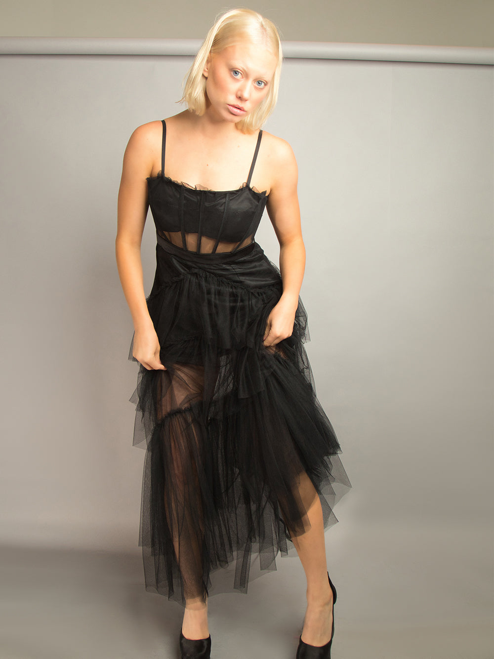 Spaghetti Strap Corset Mesh Panel Chevron Tiered Tulle Maxi Dress