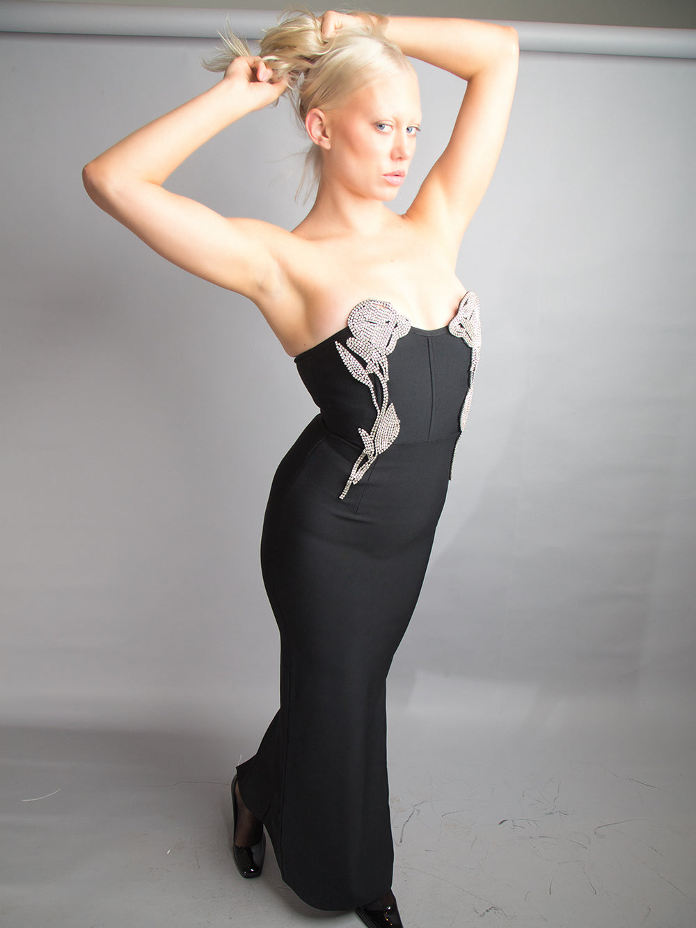 Strapless Crystal Vine Embellished Bodycon Midi Dress