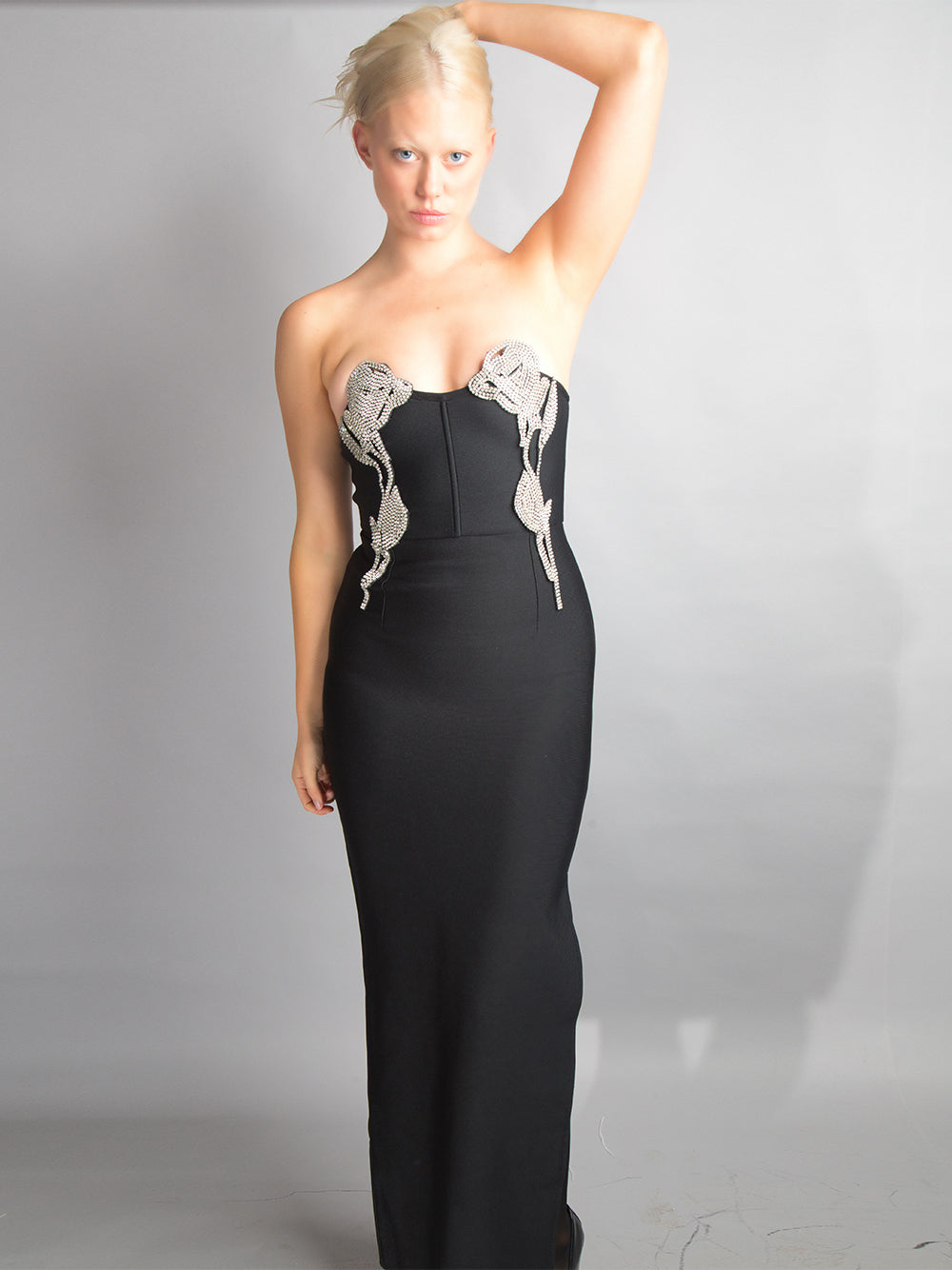 Strapless Crystal Vine Embellished Bodycon Midi Dress
