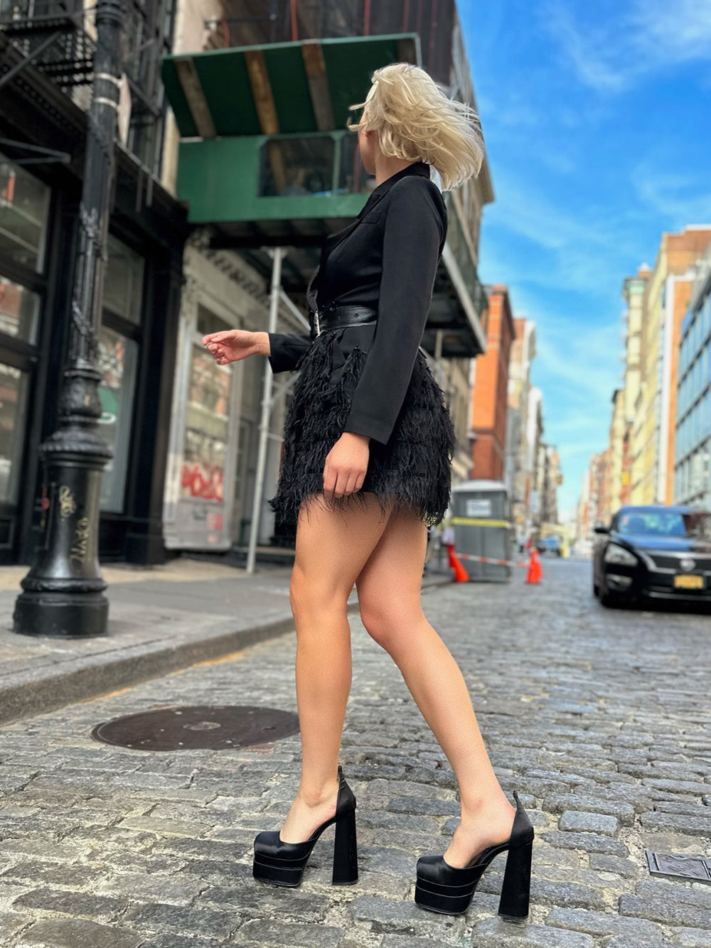 Shawl Lapel Long Sleeve Crystal Buckle Belt Feather Trim Blazer Mini Dress