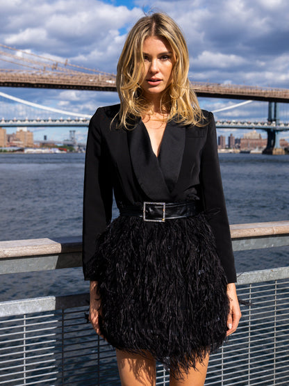 Shawl Lapel Deep V Neck Rhinestone Buckle Belt Feather Skirt Blazer Mini Dress