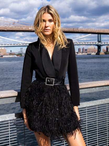 Shawl Lapel Deep V Neck Rhinestone Buckle Belt Feather Skirt Blazer Mini Dress