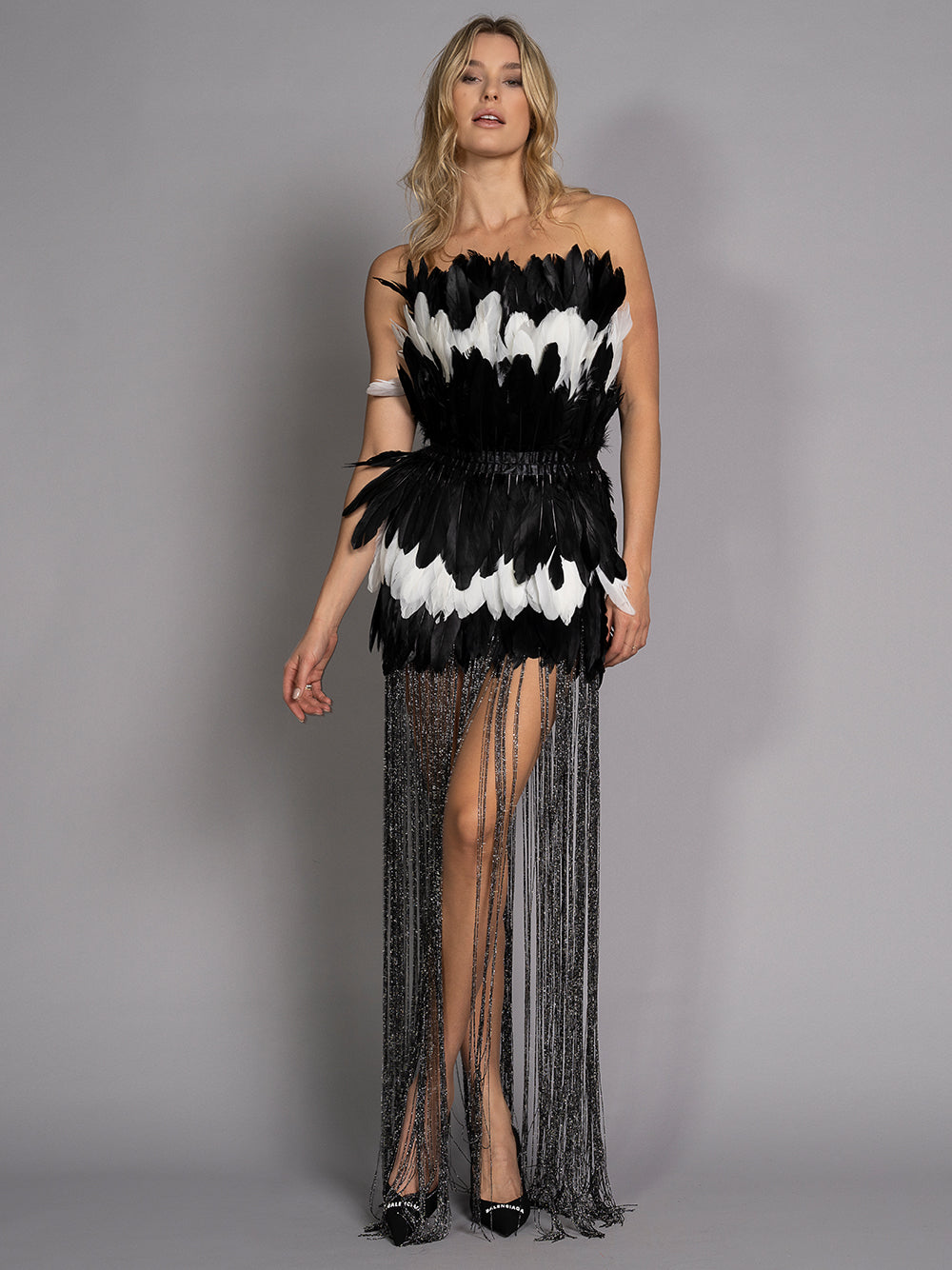 Strapless Layered Feather Mini Skirt Floor Length Fringe Hem Dress