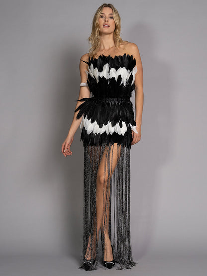 Strapless Layered Feather Mini Skirt Floor Length Fringe Hem Dress