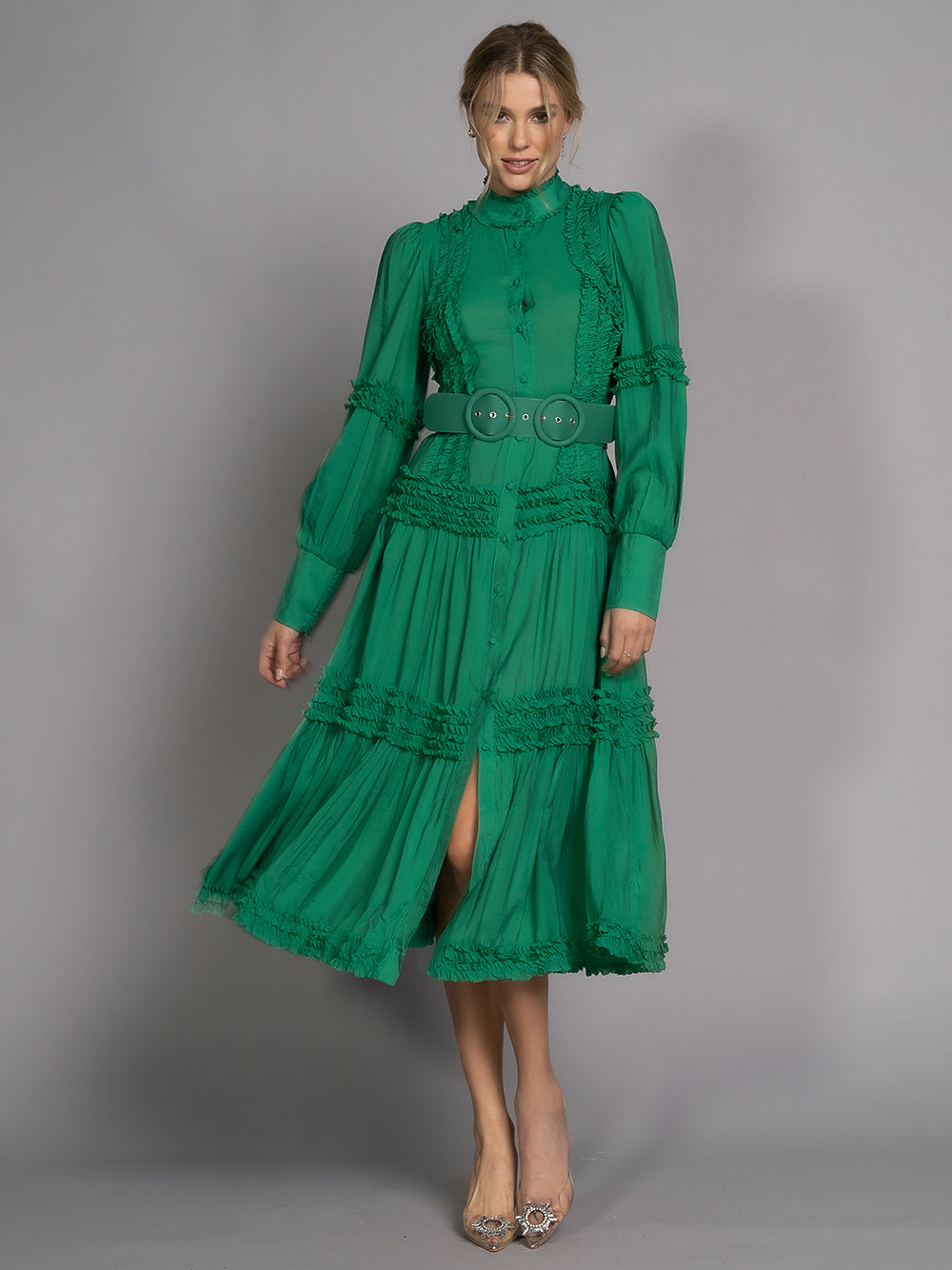 Mock Neck Ruffle Trim Double Buckle Belt Tiered Button Midi Dress