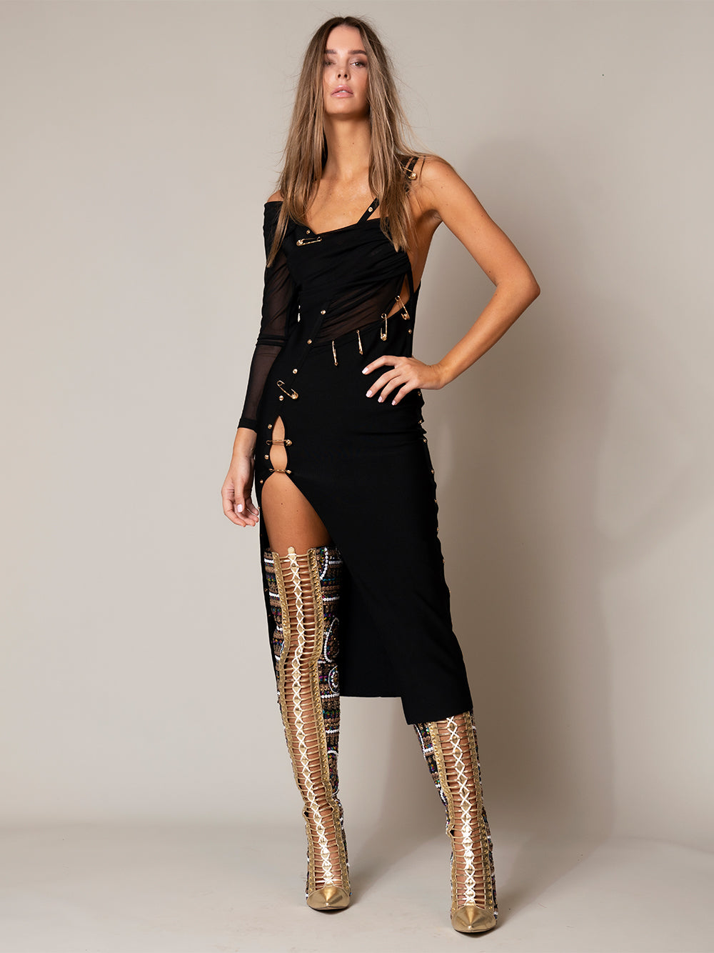 One Shoulder Ruched Cutout Side Slit Satin Maxi Dress
