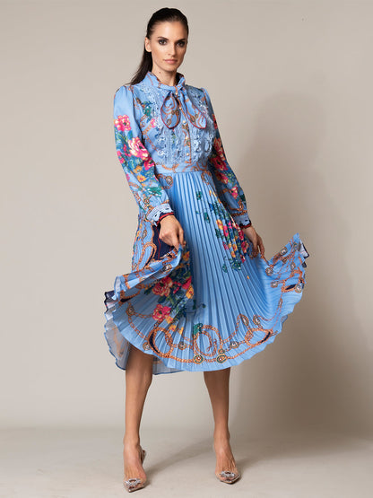 Tie Neck Lace Trim Bishop Sleeve Accordion Pleat Chain Floral Midi Dress