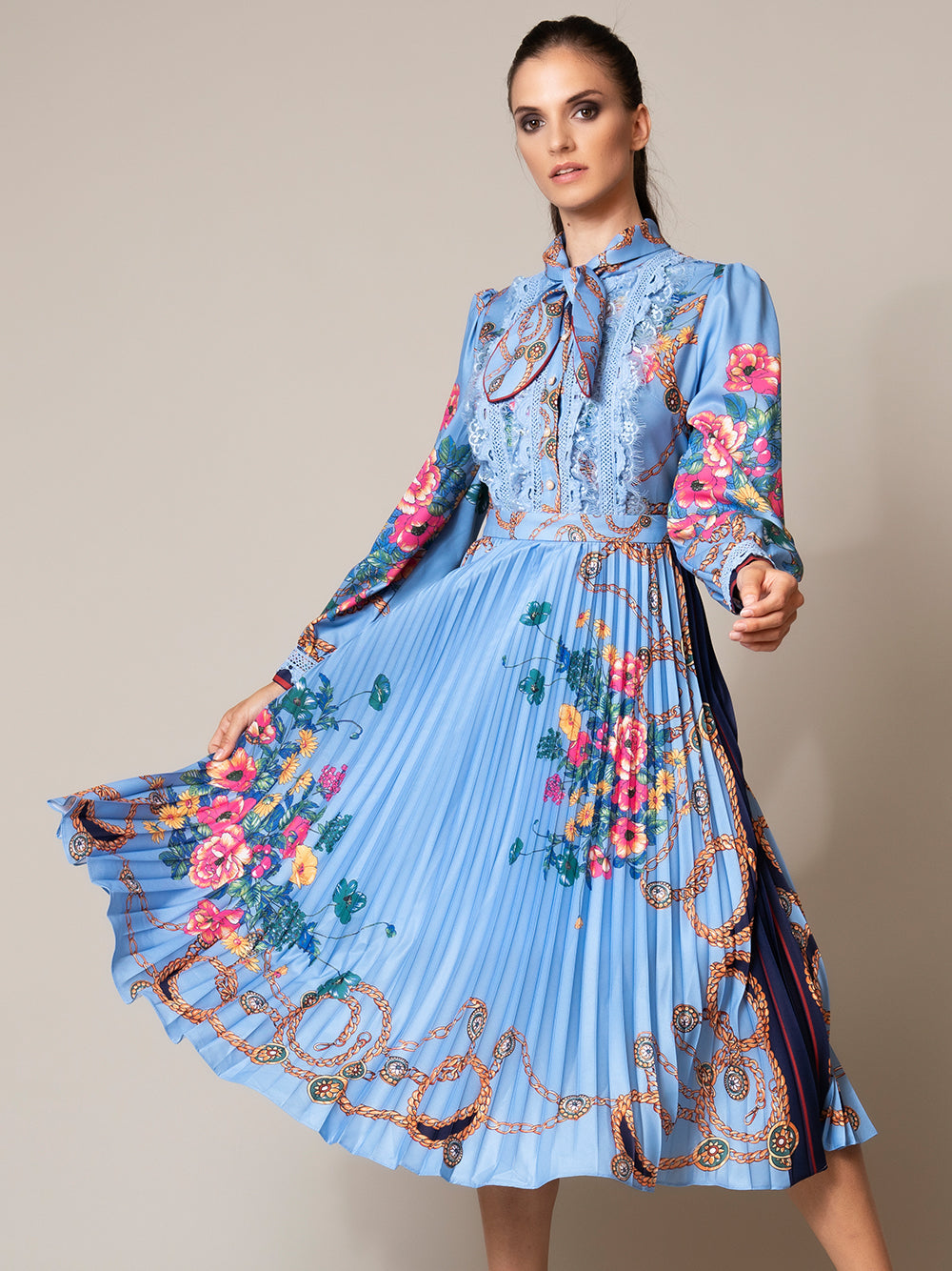 Tie Neck Lace Trim Bishop Sleeve Accordion Pleat Chain Floral Midi Dress