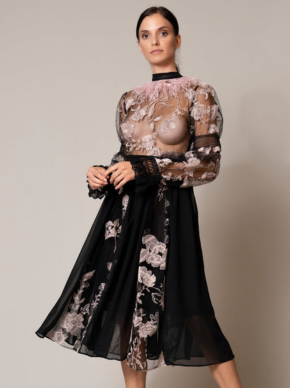 Feather Trim Mock Neck Floral Embroidered Sheer Mesh Long Sleeve Midi Dress