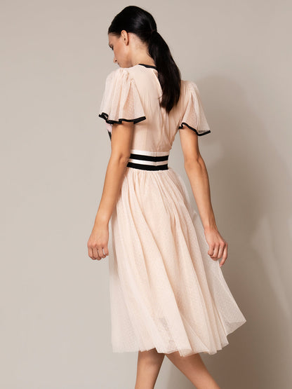 Round Neck Flutter Sleeve Stripe Waistband Floral Tulle Midi Dress