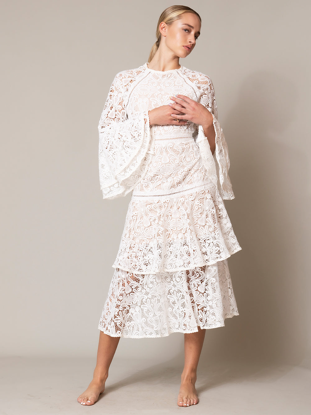 High Neck Bell Sleeve Tiered Lace Floral Midi Dress