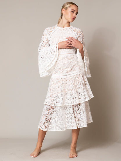 High Neck Bell Sleeve Tiered Lace Floral Midi Dress