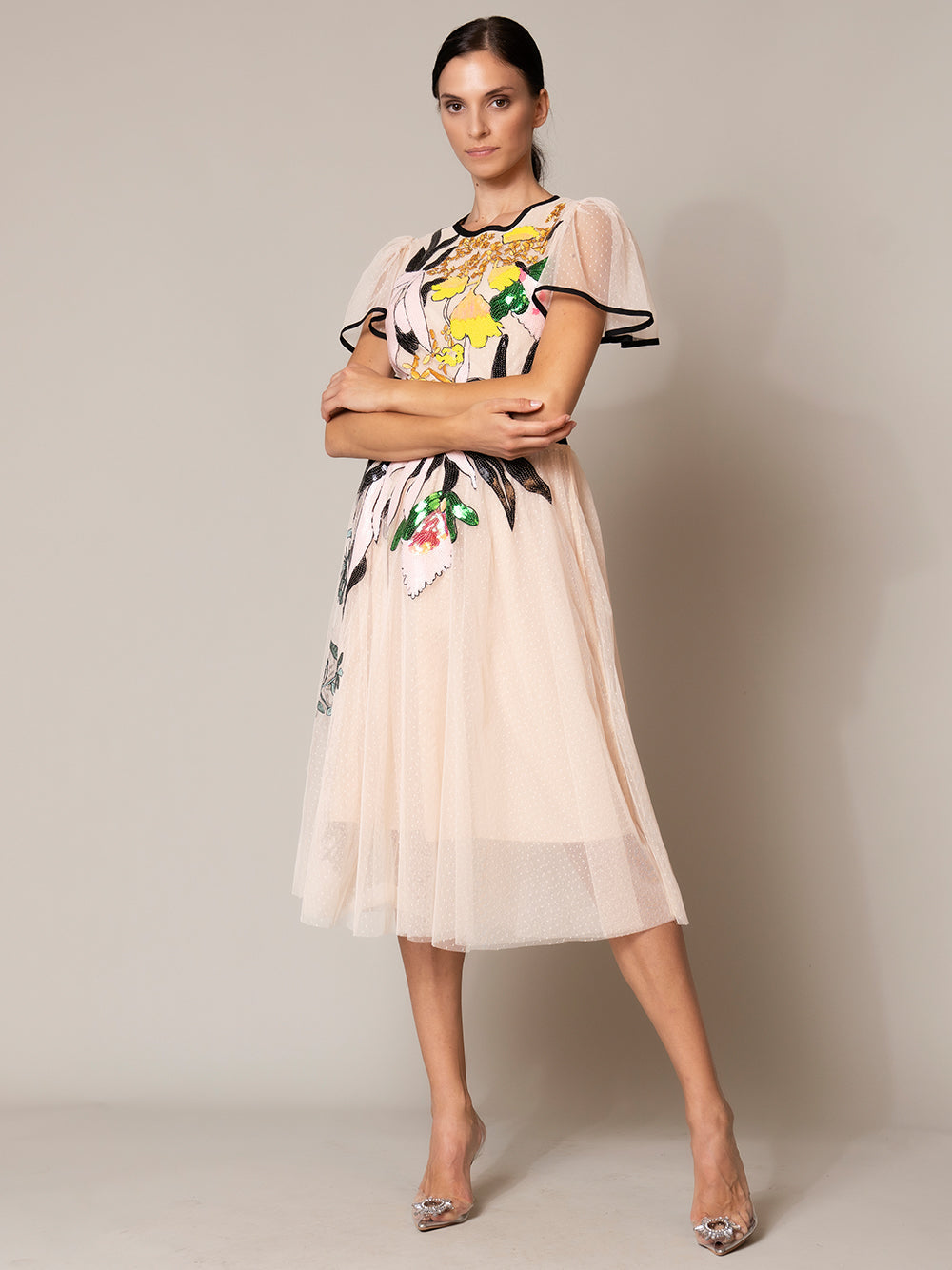 Round Neck Flutter Sleeve Stripe Waistband Floral Tulle Midi Dress