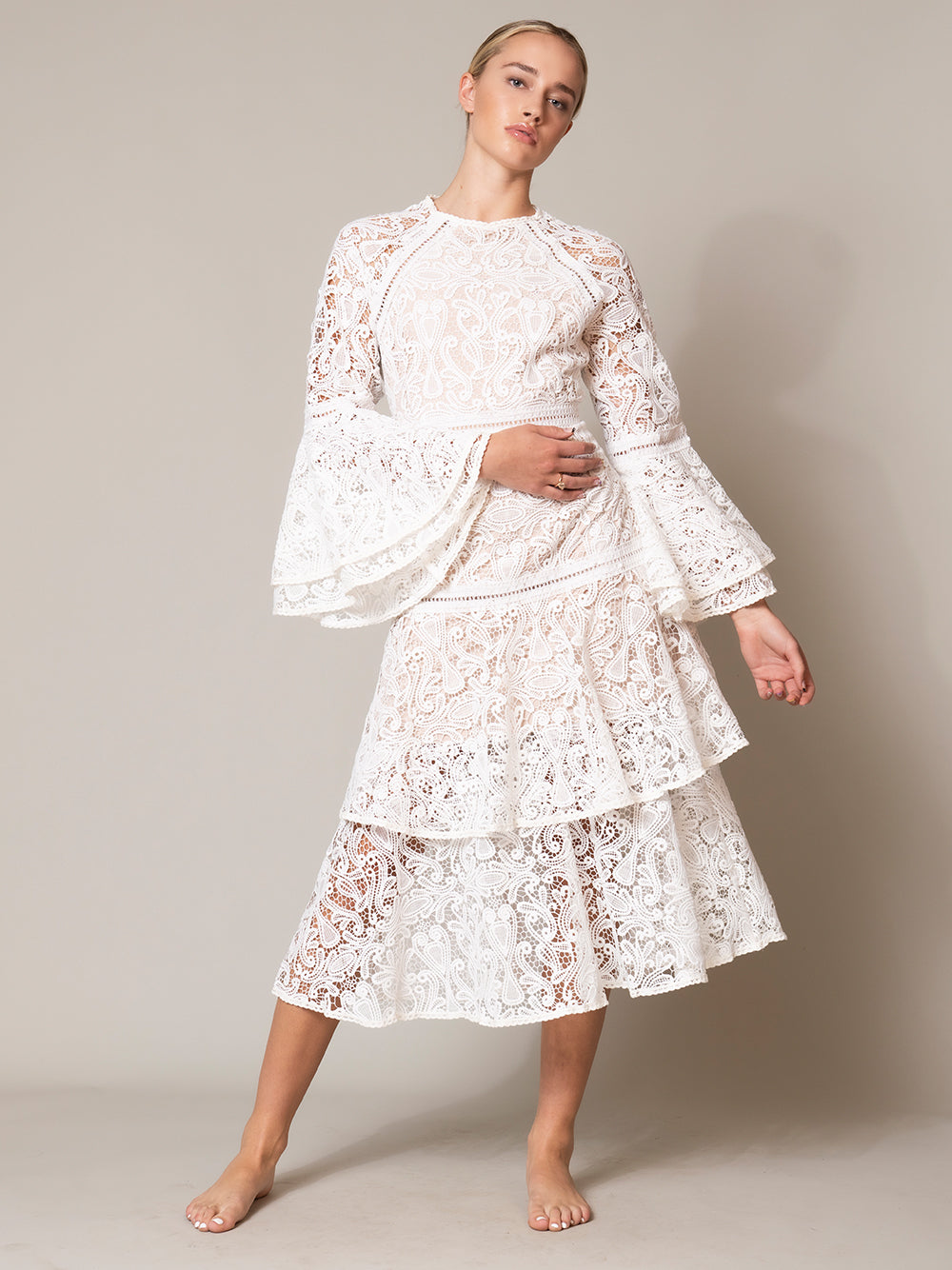 High Neck Bell Sleeve Tiered Lace Floral Midi Dress